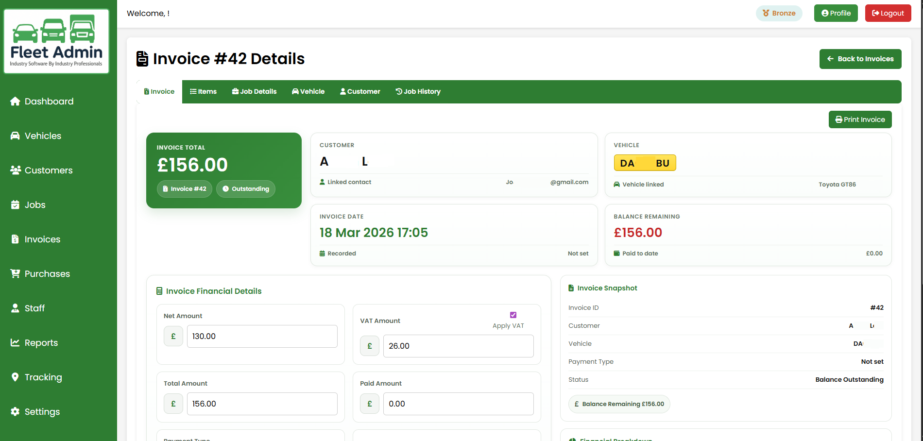 Garage invoicing software screen